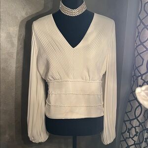 White House Black Market Cream Pleated V-Neck Blouse